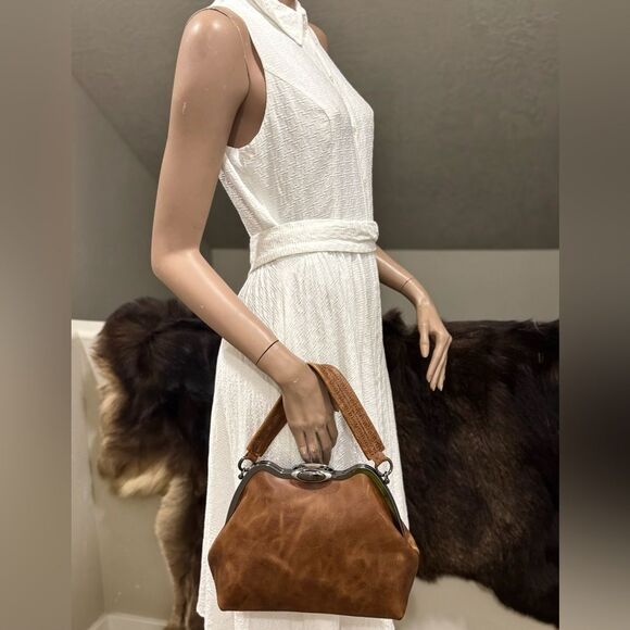 Crazy Horse Cowhide Handmade Custom Frame Push Lock Handbag/Multi Use Style - Picture 8 of 16